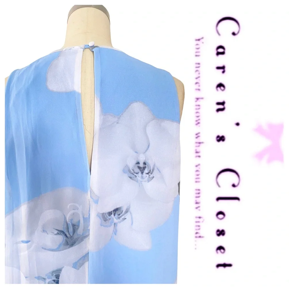 Calvin Klein Powder Blue Floral Print Chiffon Trapeze Sleeveless Dress - Picture 8 of 10